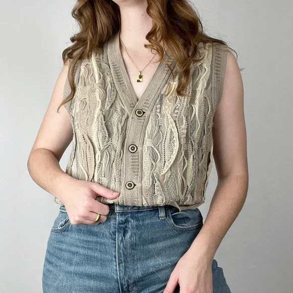 Rare COOGI Australia Wool 3D Cable Knit Oversized Sweater Vest Cardigan 80s 90s - Picture 8 of 8